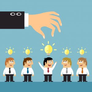 Business ideas selection concepts with human staff and lightbulbs symbols illustration